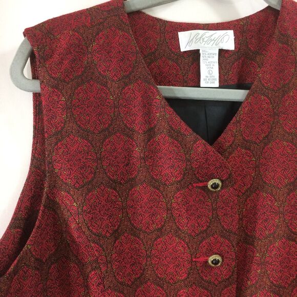 1990s Lord & Taylor Vintage Red Brocade Vest Size Large Metallic Tapestry Lined - Picture 4 of 4